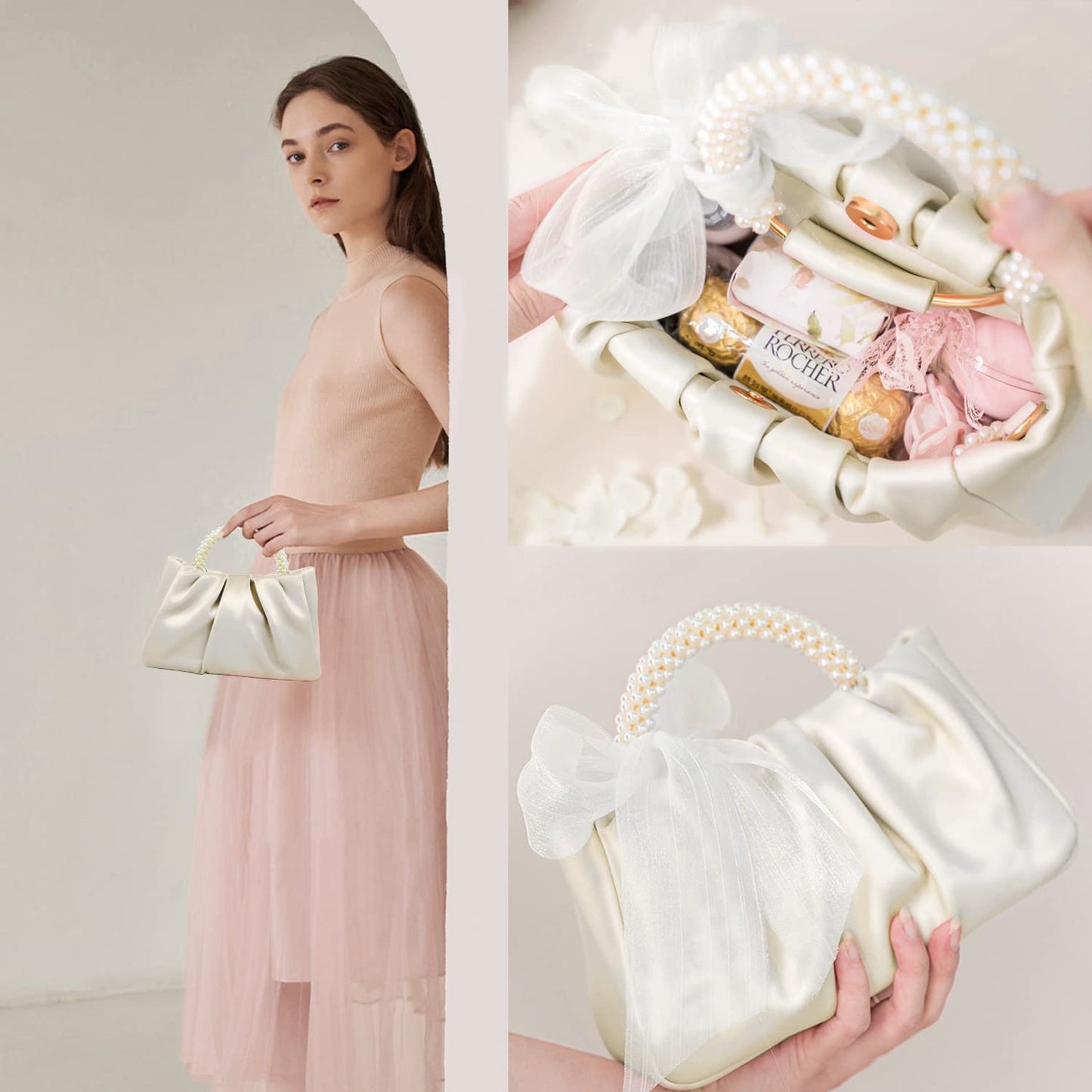 Beatfull Evening Purse Women Small Pearl Handbags Soft Leather Ruched Bag Wedding Bridal Clutch Party Prom Crossbody Purses White