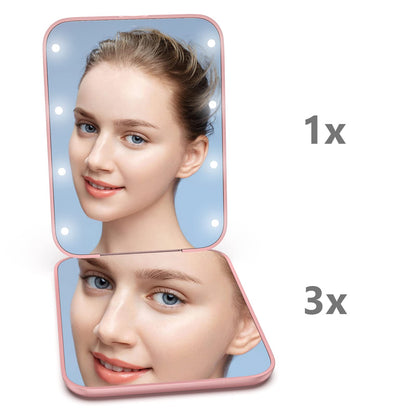 Kintion Pocket Mirror, 1X/3X Magnification LED Compact Travel Makeup Mirror with Light for Purse, 2-Sided, Portable, Folding, Handheld, Small Lighted Mirror for Gift, Pink