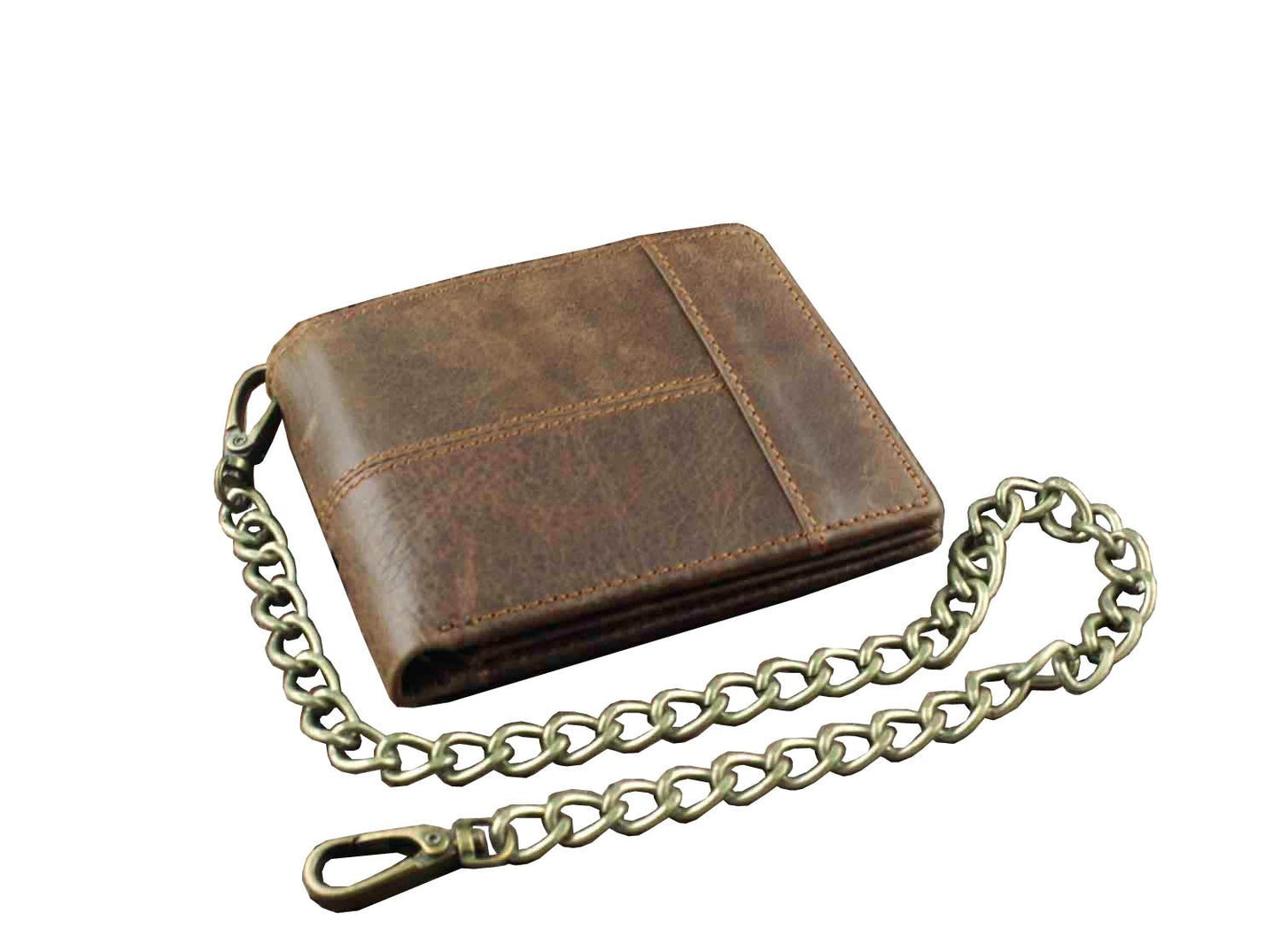 punkman2000 New Vintage Brown Leather Wallet With Chain Mens Bifold/Many Card Holder