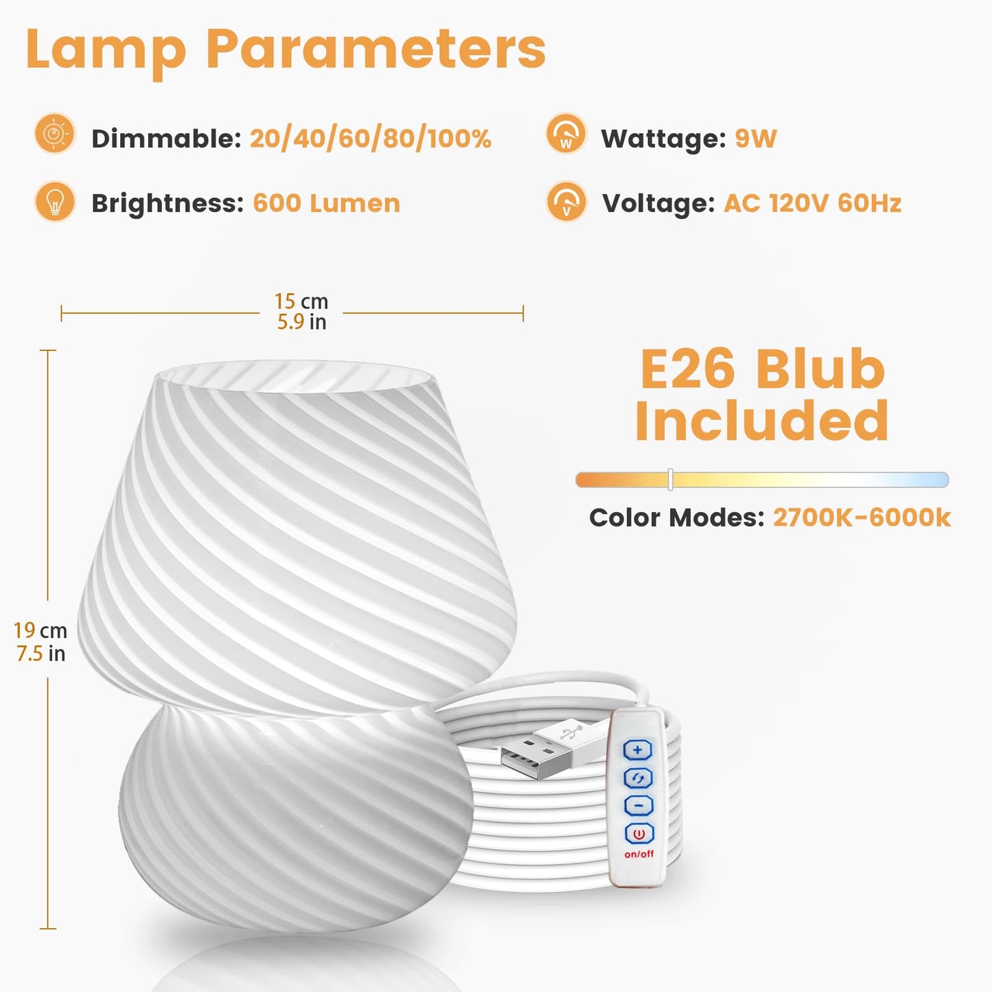 ULAROOM USB Plug-in Mushroom Lamp Small Bedside Table Lamp with 3 Temperature LED Bulb,Free Dimming Nights Light for Bedroom/Living Room/Entryway/Corner Decor (Stripe White)