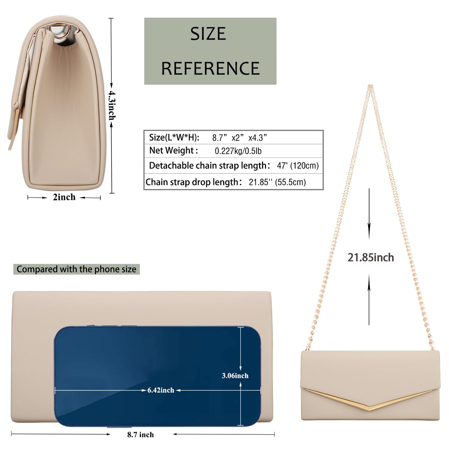 Women’s Evening Handbag Vegan Leather Ladies Envelope Clutch Classic Elegant Purse Bags Beige