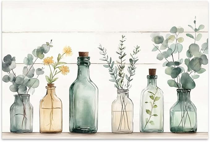 Yesad Kitchen Wall Décor Canvas Prints, Rustic Vintage Country Décor Bottles Plants Picture Farmhouse Wall Décor Poster Artwork for Cabin Living Room Bedroom Dining Room (Unframed,36”x24”, Bottle)