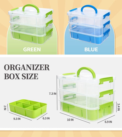 Eppingwin 3 Layers Craft Storage Box, Storage Bins with Lids, Plastic Storage Container Box with Removable Bin, Organizer for Tools, Beads, Sewing (Green)