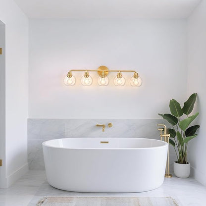 Bathroom Light Fixtures Gold Vanity Light 5 Light Wall Sconces Lighting Brushed Brass Lights with Clear Globe Glass Shades Bath Wall Lamp for Mirror Kitchen Living Room Bedroom Hallway