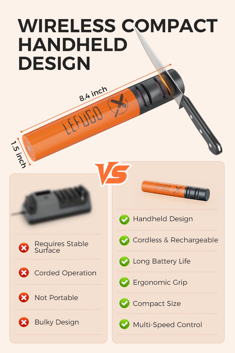 LEFUGO Electric Knife Sharpener, 3 Speed Max 7000RPM Handheld Sharpener for Kitchen Knives, Electric Knife Sharpening Tool of Portable Cordless Rechargeable 2000mAh (Orange)