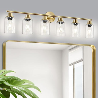 6-Light E26 Gold Bathroom Vanity Lights, Modern Bathroom Light Fixtures with Clear Glass Shade, Wall Lamps for Mirror Hallway Kitchen Cabinet Living Room Sconces Lights