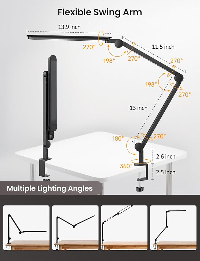 LED Desk Lamp with Clamp, Clip-on Architect Desk Lamp with Dual Light Source for Home Office, Adjustable Swing Arm Table Light, with Remote, 4 Color Mode & Brightness, For Crafting Sewing Reading