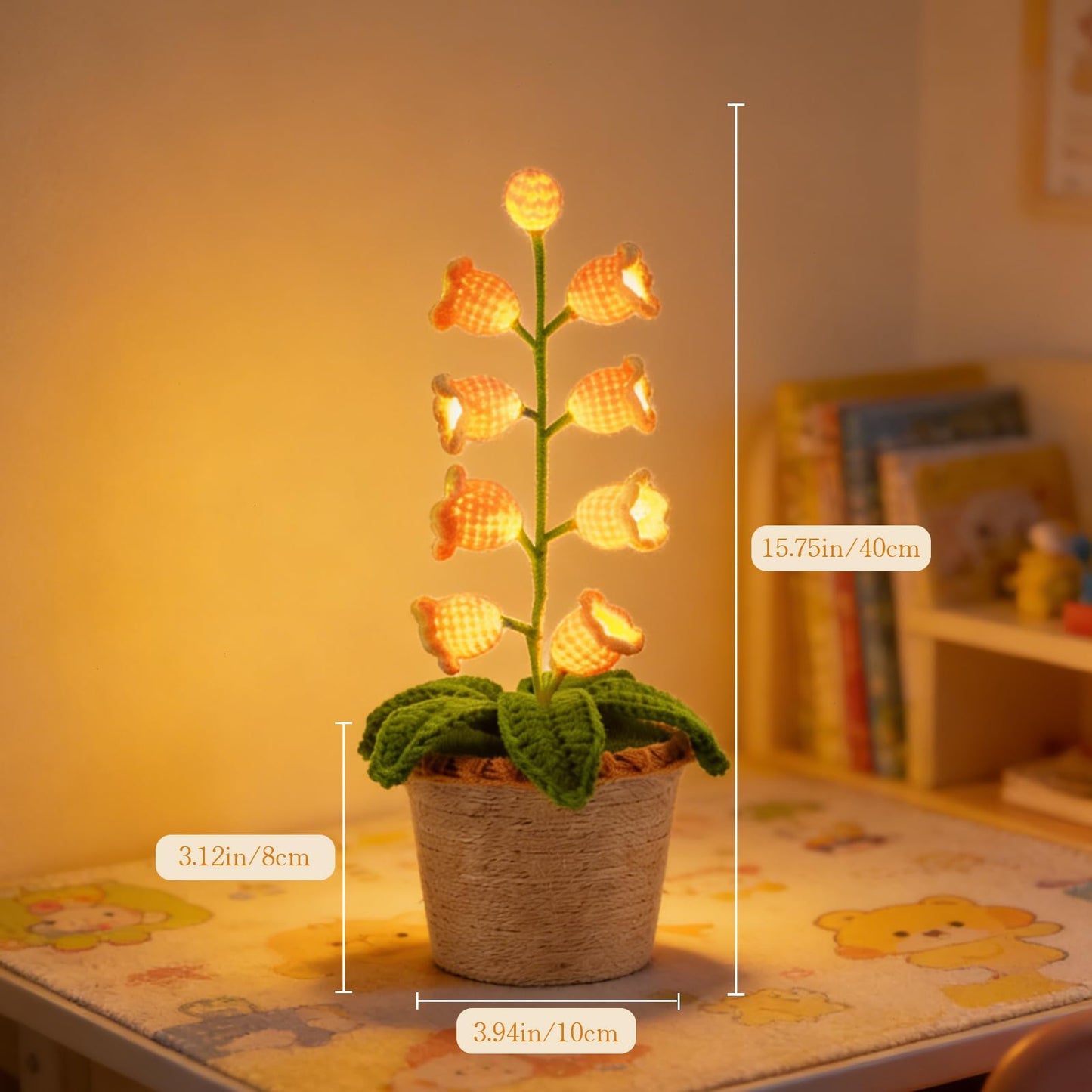 AVEKI Lily of Valley Lamp, Handmade Crochet Artificial Flower Lamp with Warm Light, Cute Desk Lamp for Bedroom, Battery Power Decor LED Night Light, Gift for Mom Daughter Girlfriend (Warm) (Yellow)