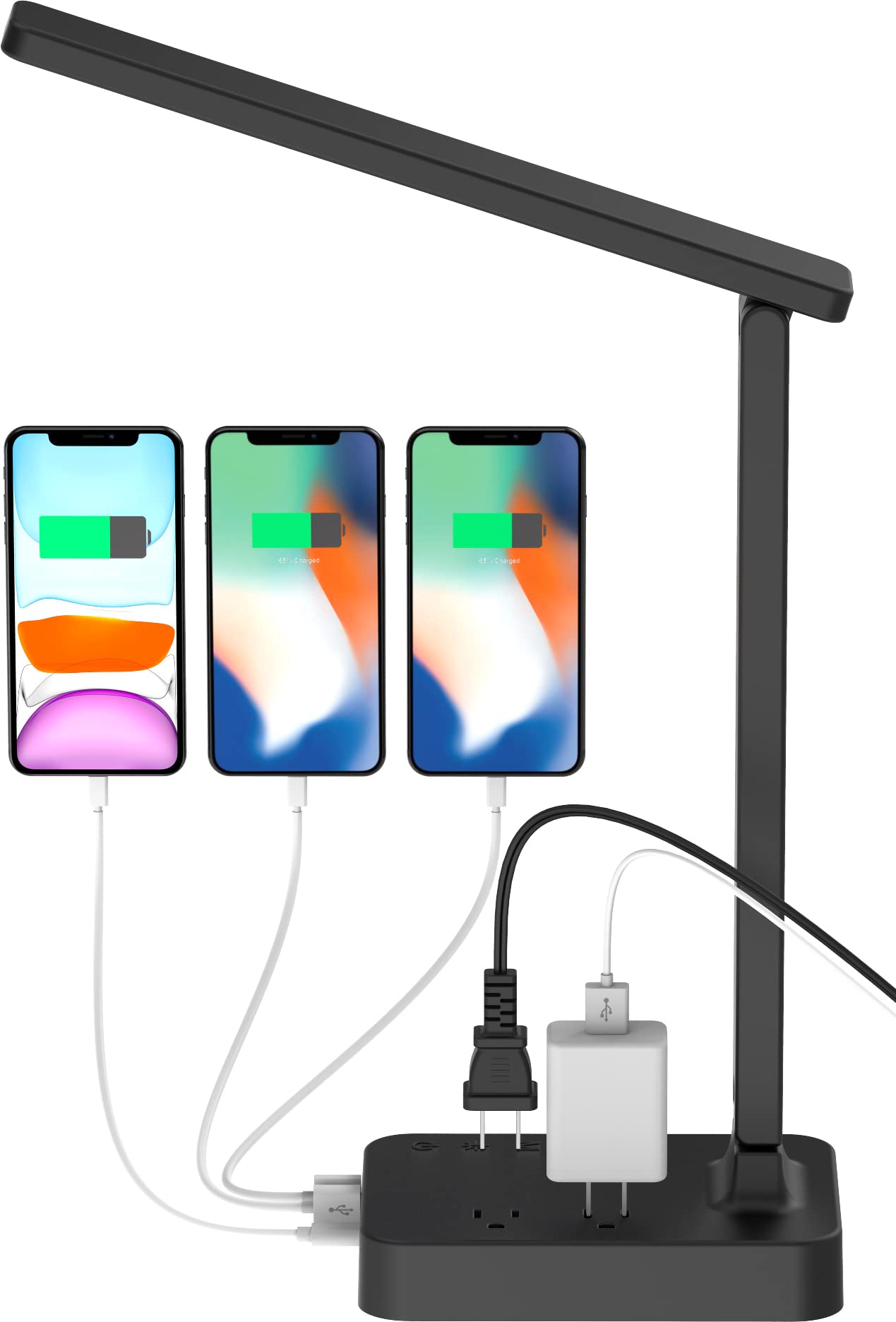 Drevet LED Desk lamp with USB C Charging Port, Table Light with 3 USB Charger and 2 AC Power Outlet, 3 Color Model, 3 Level Brightness, Touch Control, Memory Function, Eye-Caring Office Foldable Lamp