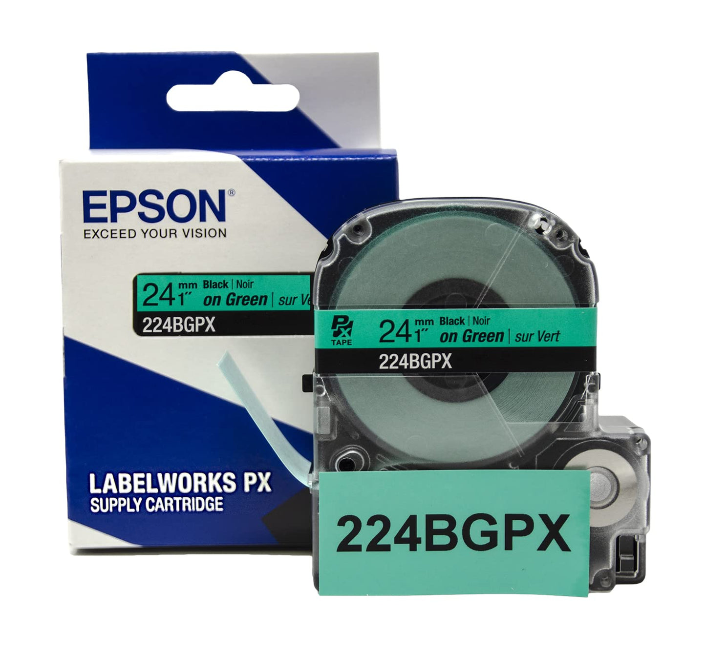 Epson LABELWORKS 224BGPX Genuine PET (Polyester) Tape Cartridge - Black on Green Label Maker Tape - 1" (24MM) Wide, 30'