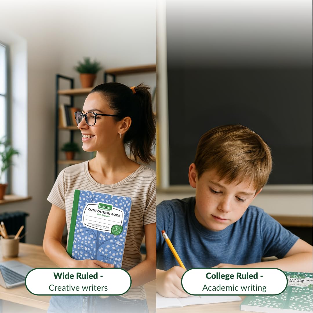 ECONAMA Composition Notebooks Pack of 10 Wide Ruled 200 Pages (100 Sheets) 9.75"x7.5" Black Marble Carbon Neutral Recyclable Paper Eco-Friendly School & Office Supplies For Students and Professionals
