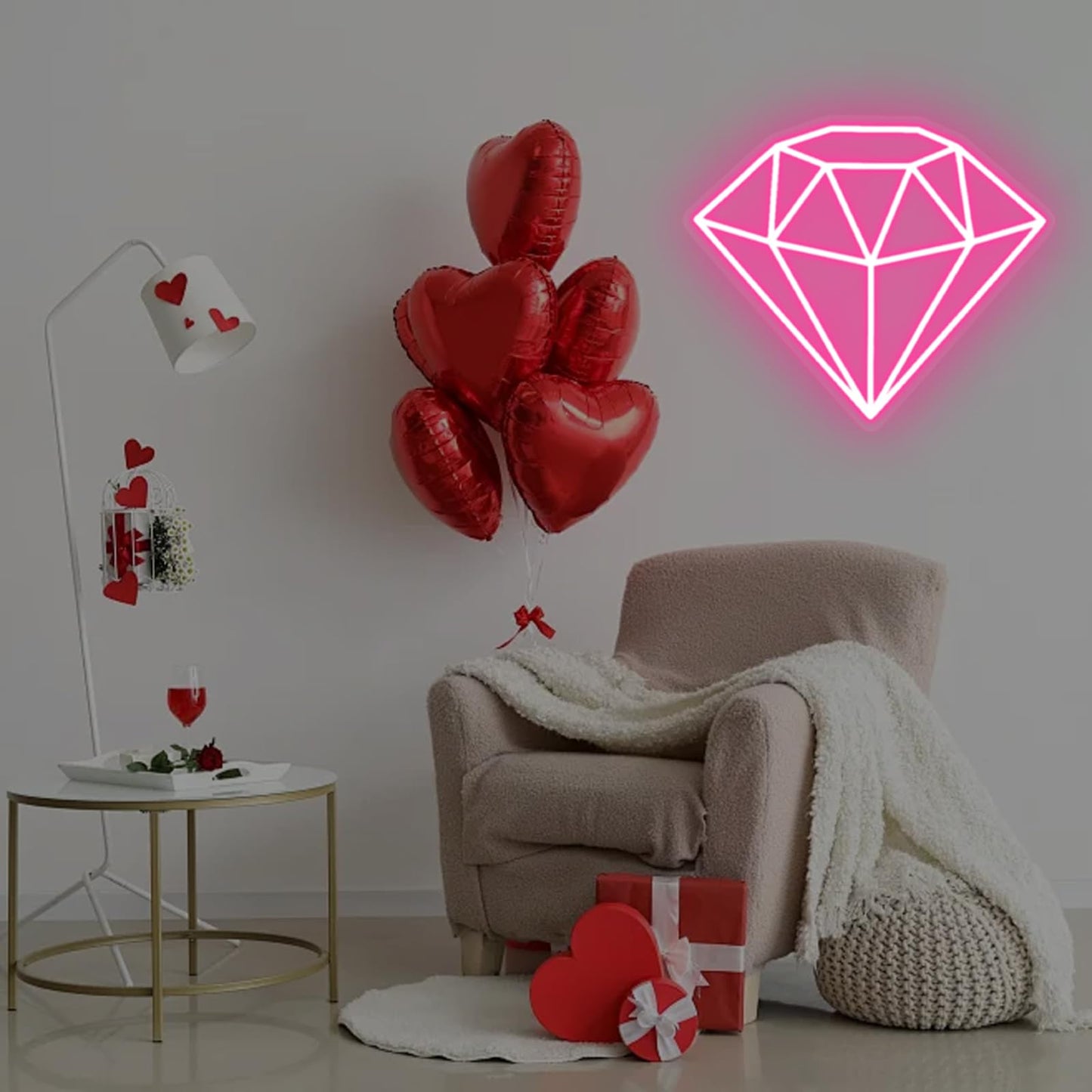 Diamond Neon Sign for Wall Decoration, Glowing Neon Sign, Adjustable Brightness Shining LED Sign Night Light for Man Cave Bedroom, Wedding, Living Room, Party, Bar, Office Decoration-Pink