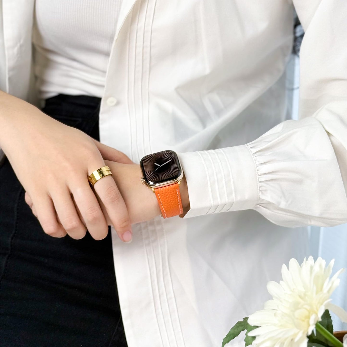 Leather Band Compatible with Apple Watch BandUltra 2 1 Series 10/9/8/7/6/5/4/SE,H-Shaped Buckle strap for iWatch 38/40/41/42/44/45/46/49mm Women Men (Orange Band + Gold H Buckle, 38mm 40mm 41mm 42mm)
