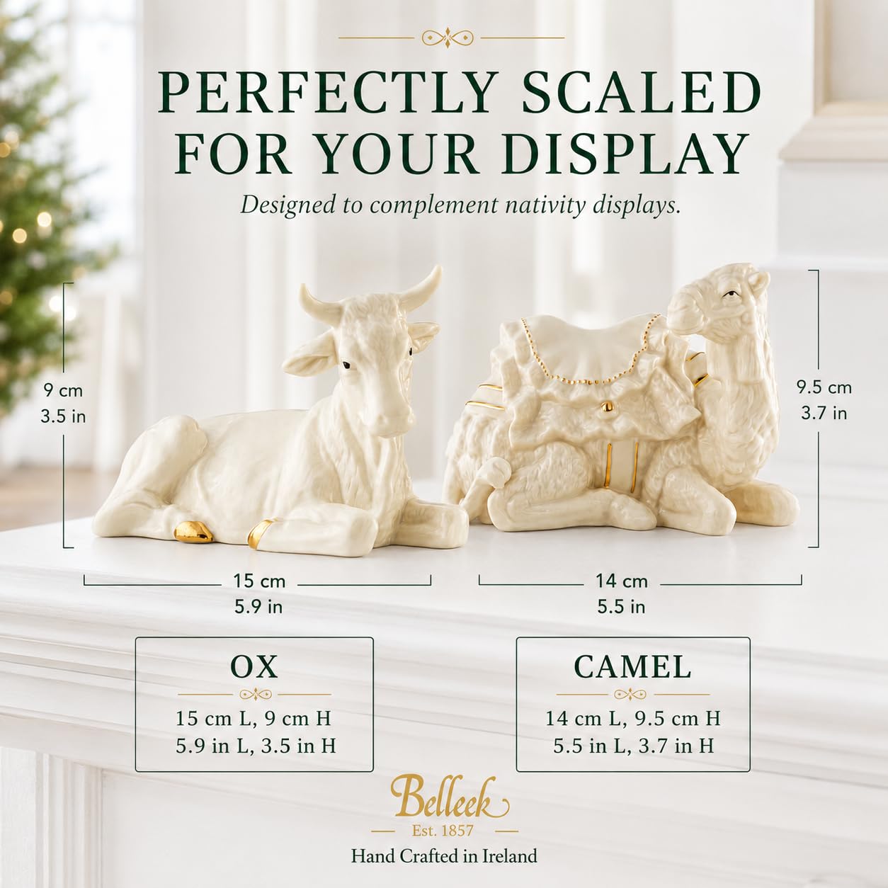 Belleek Living Manger Set Ox and Camel, Christmas Nativity Figurines with Gold Embossed Detail, Holiday Home Decor Set of 2 Assortment Figurines