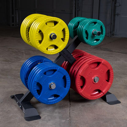 Body-Solid Quad Grip Design Rubber Plate - Olympic Weight Plates with Rubber Coating for Weight Lifting and Strength Training, 25lbs