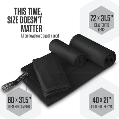 VENTURE 4TH Quick Dry Towel - Microfiber Travel Towel for Camping, Hiking, Gym, Beach - Lightweight, Packable, Compact Backpacking Companion - Black Medium