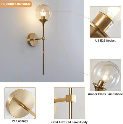 KCO Mid-Century Modern Wall Mounted Sconces Set of 2 Amber Glass Globe Wall Lamps with Long Arm Industrial Gold Wall Lights Fixture for Bedroom Bedside Stairway Hallway