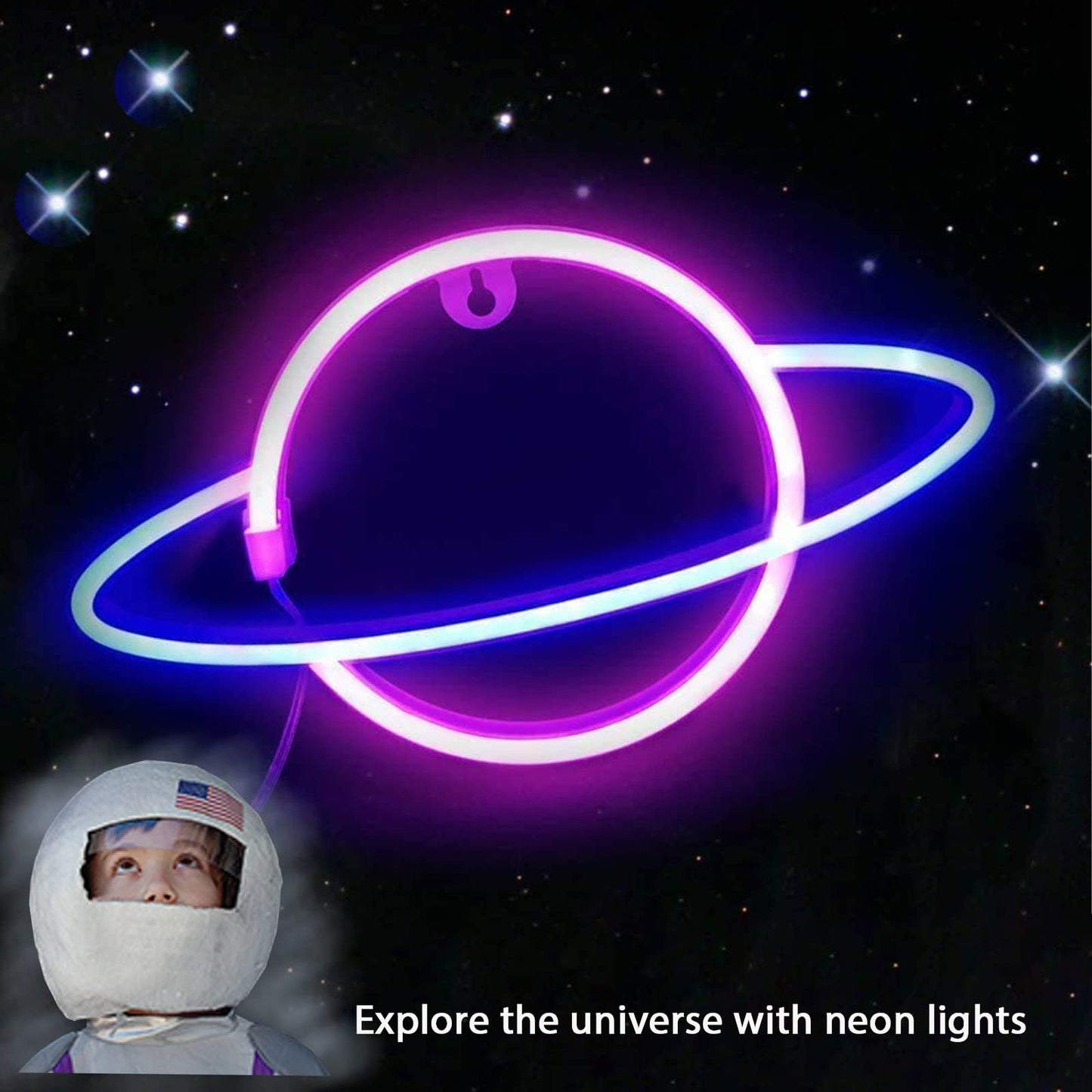 YouokLight planet neon signs for wall decor, LED neon light wall mount USB or battery powered planet light, aesthetic hanging Saturn, planet neon lights for bedroom, game room, pink and blue