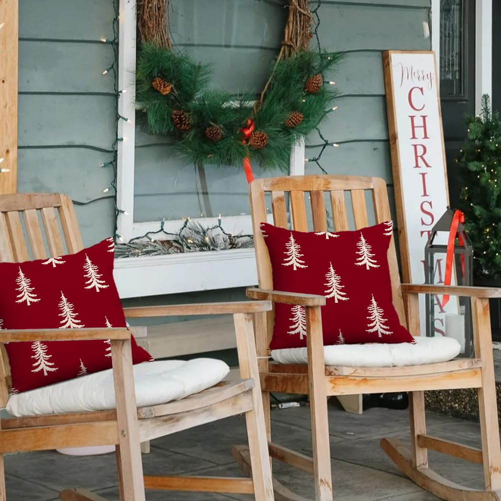 RABUSOFA Christmas Pillow Covers 18x18 inch Set of 2 Indoor Outdoor Waterproof Red Christmas Decor Tree Decorative Throw Cushion Cases Winter Xmas Holiday Decoration for Couch Patio
