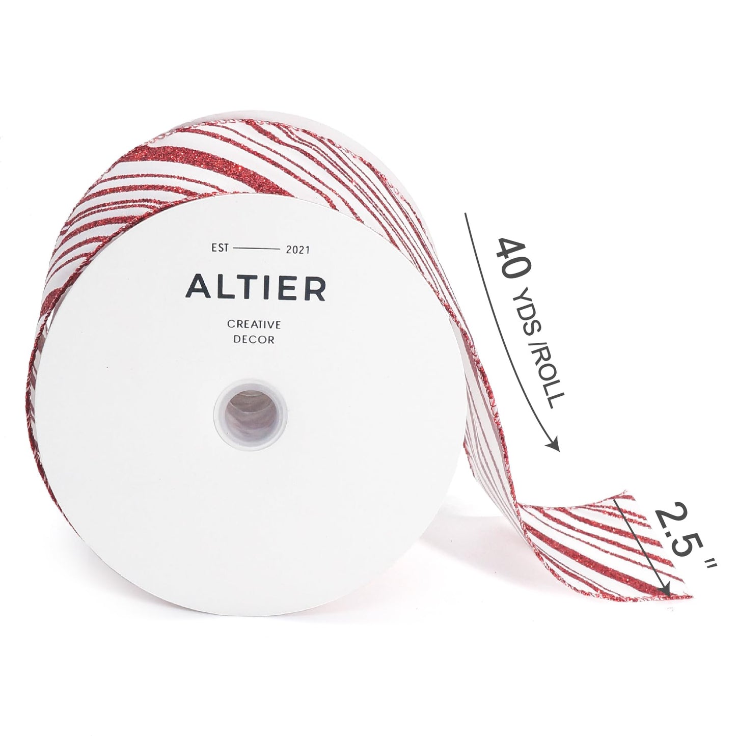 ALTIER 2.5 Inch x 40 Yards White Satin Red Glitter Stripes Wired Ribbon for Christmas Home Decoration Gift Wrapping Bow Making Wreath DIY Crafts