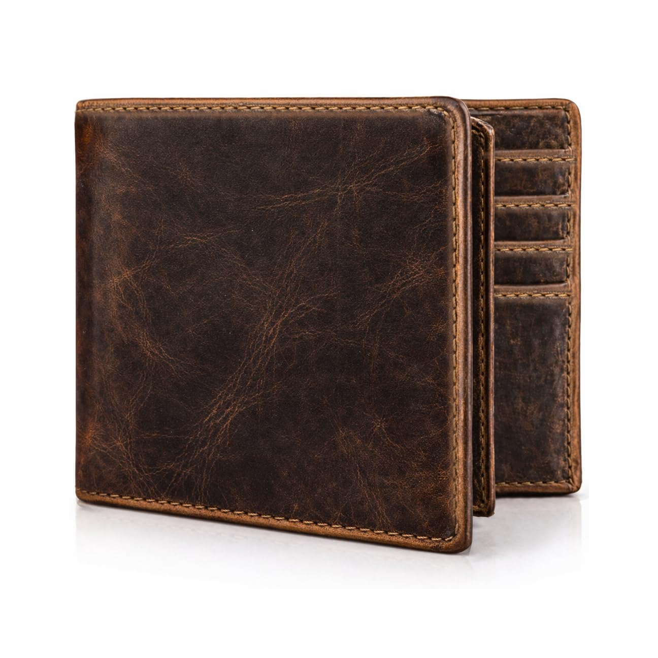 Voolup Men's Leather Wallet, RFID Blocking Slim Bifold Wallet for Men – Top Grain Leather, 12 Card Slots, 2 ID Windows, Minimalist Front Pocket Wallet, Gift Box Included (Rustic Brown)