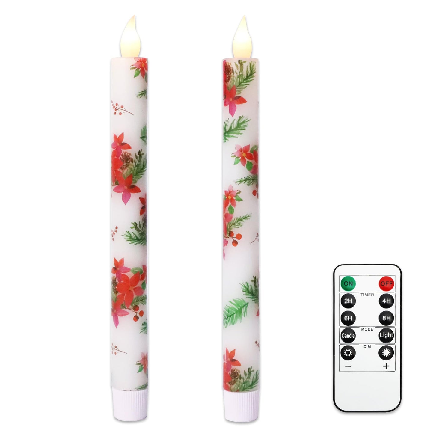 Holitown Christmas Flameless Taper Candles 2 Pack Christmas Poinsettia Flowers Battery Operated Candle with Remote Real Wax Flickering LED Fake Candle Home Decor for Xmas New Year Wedding Party