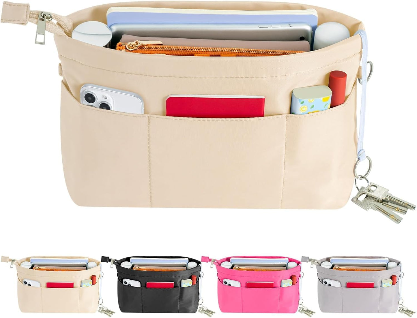 HyFanStr Nylon Purse Organizer Insert with Zipped Top for Tote Bag, Handbag Shaper with 13 Pockets 5 Sizes (Beige-XS)