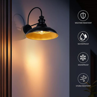 Outdoor Barn Light Fixtures, 16 Inch Large Dome Farmhouse Exterior Wall Mount Lights, Rustic Gooseneck Wall Sconces Indoor Wall Lighting, Industrial Black Gold Lanterns for Porch, Garage, 2 Pack