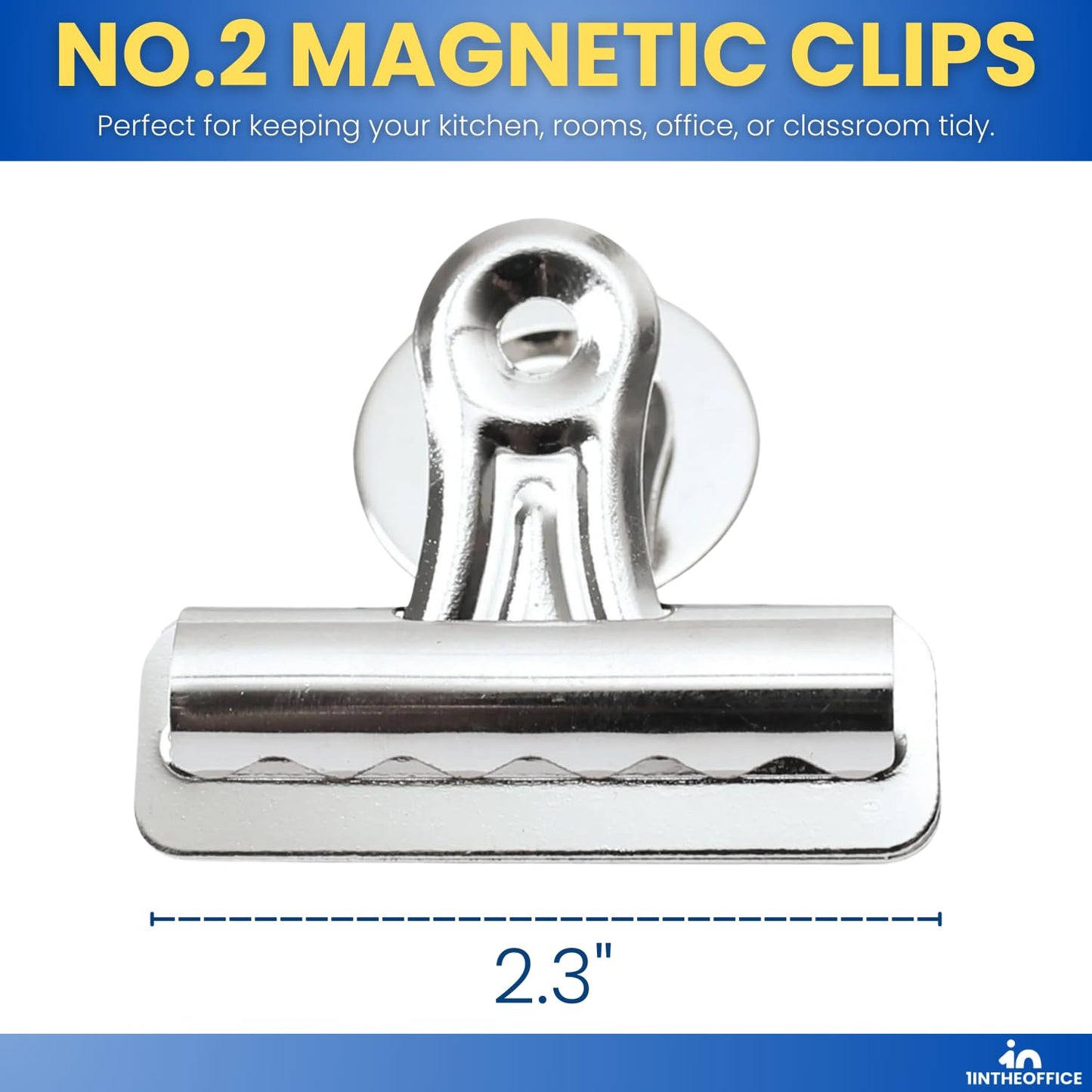1InTheOffice Magnetic Clips for Refrigerator, Heavy Duty Refrigerator Bulldog Magnet Grip Clips, No. 2, 2.3" Width, 12 Pack, Silver