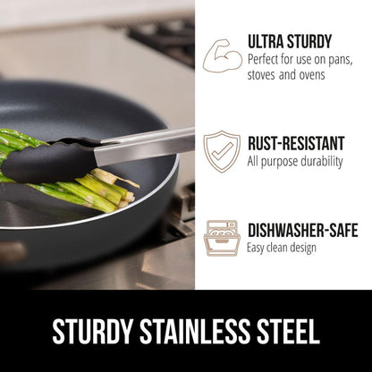 GORILLA GRIP Stainless Steel Heat Resistant Kitchen Tongs for Cooking, Set of 2 BBQ Tong, Non Scratch Silicone Tip for Pans, Strong Grip, Grab Food, Toss Salad, Air Fryer, Pull Lock, 7 + 9 Inch, Black