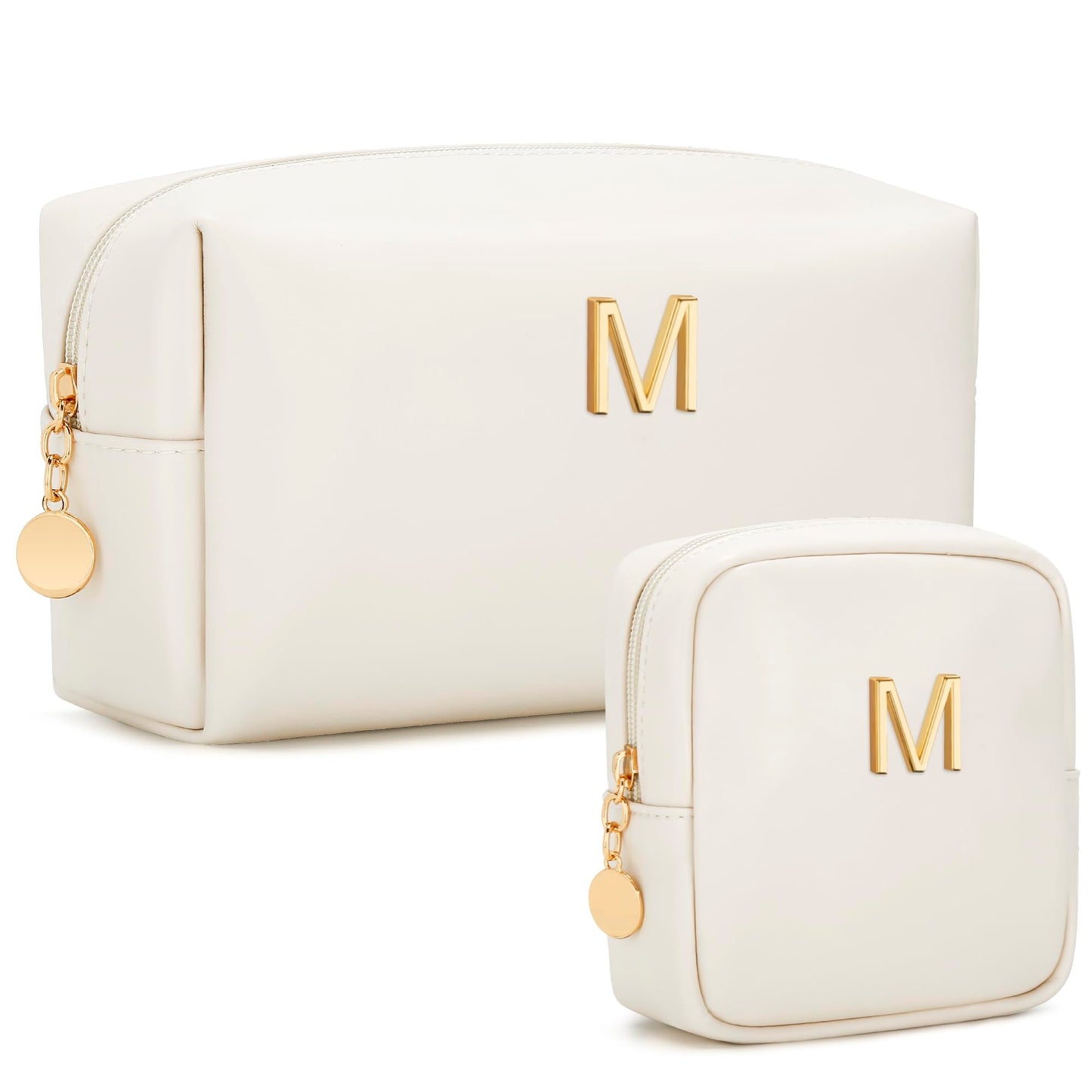 CLOUDWINGS Personalized Birthday Gifts for Women - Initial Makeup Bag Set Travel Toiletry Bag Cosmetic Bags Soft Waterproof PU Leather Makeup Pouch Travel Essentials (M, 2pcs Beige)