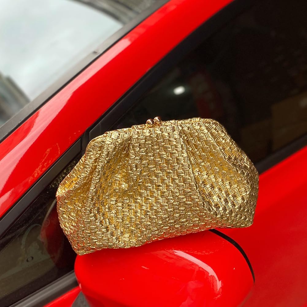 CUXVA Woven Pattern Clutch Purse Ruched Dumpling Evening Bag Chain Strap Handbags Elegant PU Leather Clutch Bag