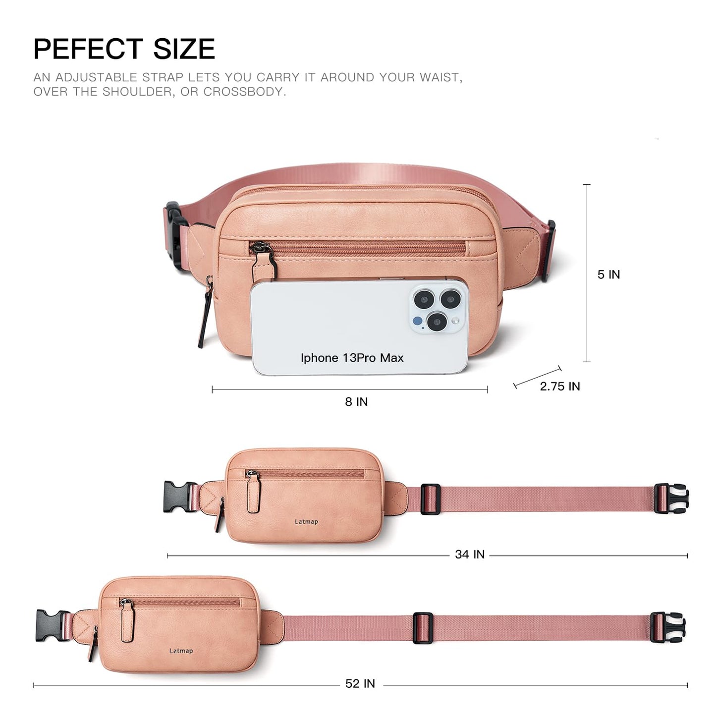 LATMAP 2L Fanny Packs Everywhere Belt Bag Small Fashion Crossbody Waist Pack Faux Leather Waterproof Sling Chest Bag For Women Trendy Pink