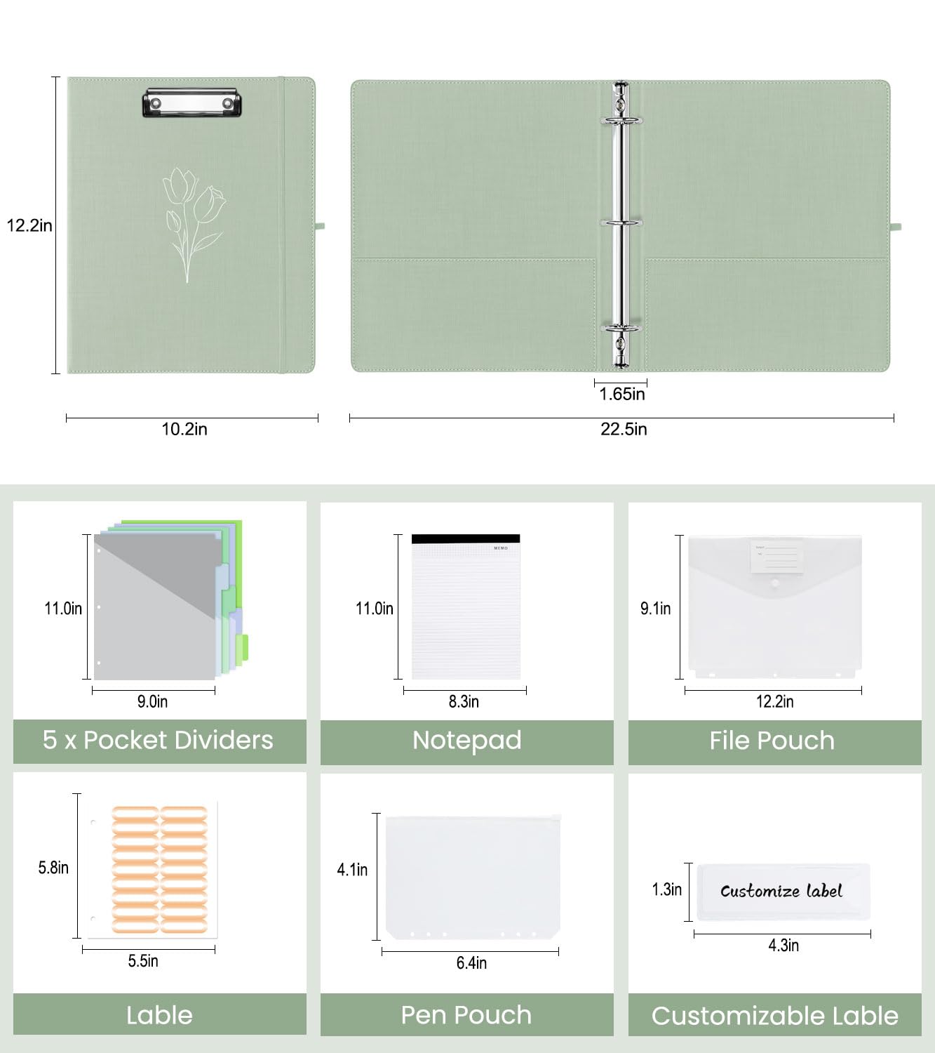 BVSSX 3 Ring Binder with Clipboard,1 Inch Binders with Notepad&5 Dividers with Pockets, Labels,PU Clipboards for School Office(Green Tulip,Letter Size)