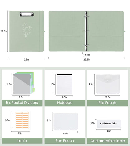 BVSSX 3 Ring Binder with Clipboard,1 Inch Binders with Notepad&5 Dividers with Pockets, Labels,PU Clipboards for School Office(Green Tulip,Letter Size)