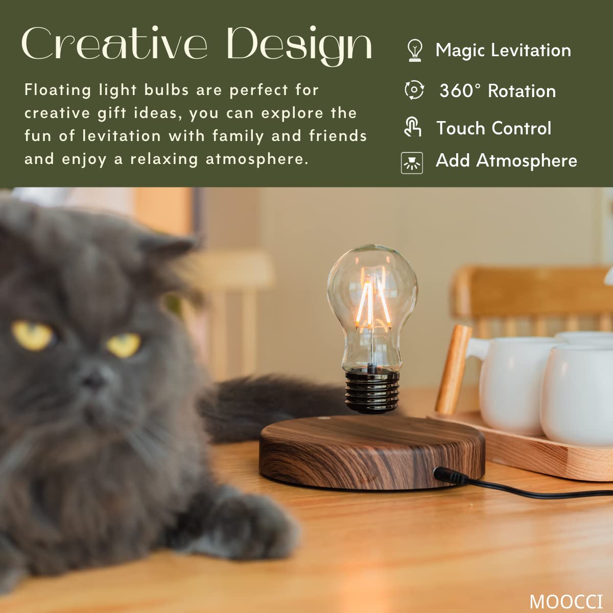 MOOCCI Levitating Bulb Lamp, Magnetic Floating Night Light & Desk Decor, Unique Valentine‘s Day Gift for Her and Him, Cool Tech Gadget for Home Office, Christmas Birthday Present (Round-Classic Bulb)