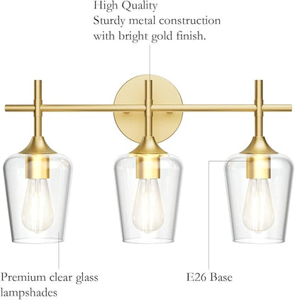Ralbay Gold Bathroom Vanity Light 3-Lights Vintage Gold Vanity Lights Wall Lighting Clear Glass Gold Bathroom Light Fixtures Over Mirror