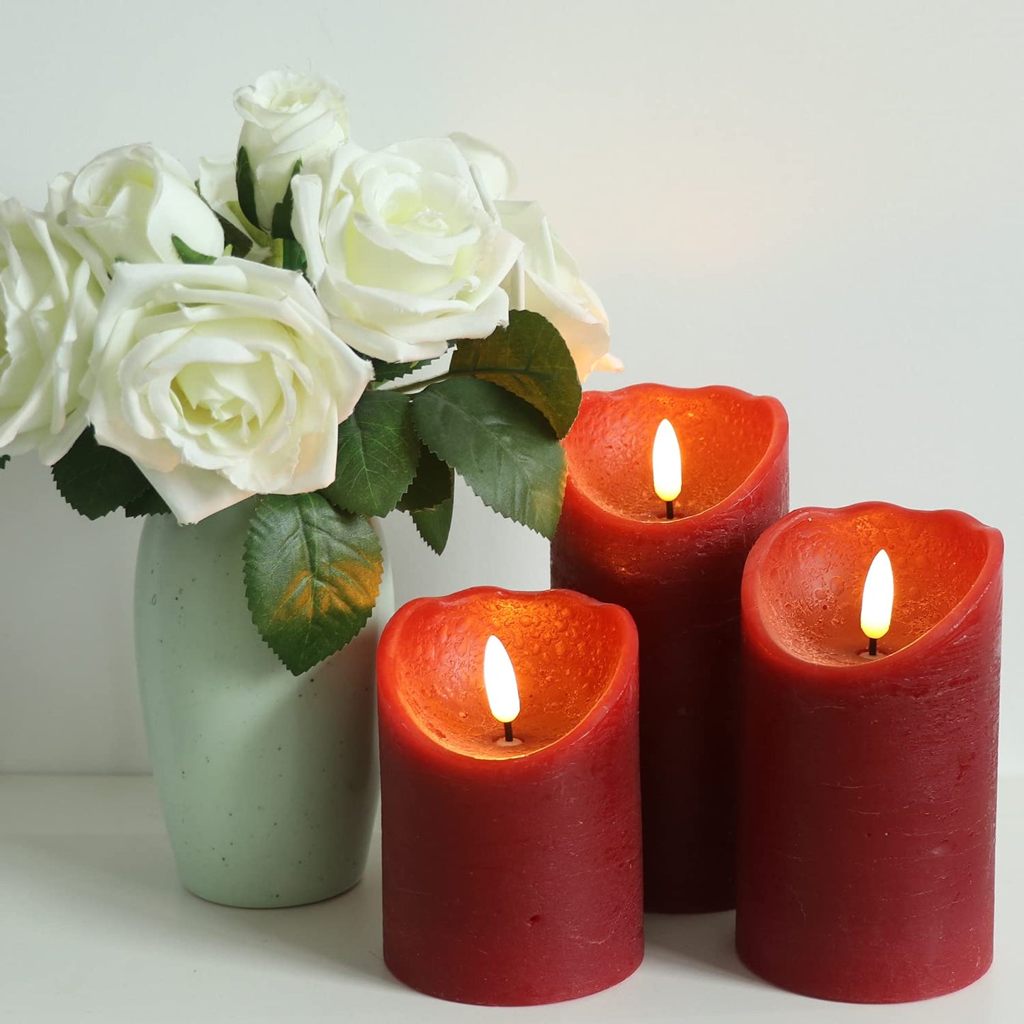 Wondise Red Flameless Candles Battery Operated with Timer, 3D Wick Real Wax LED Red Pillar Candles for Home Decoration, Set of 3(3 x 4/5/6 Inches)