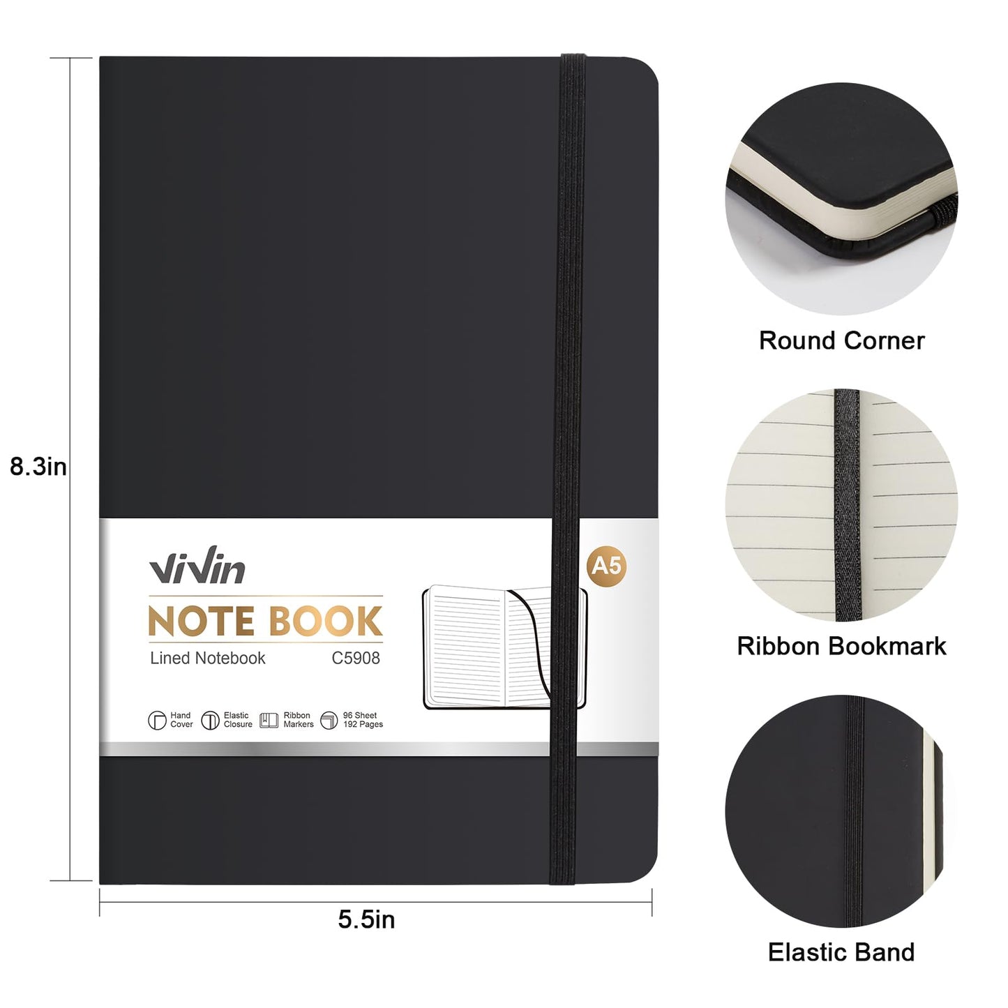 ViVin Lined Journal Notebooks for Work, 192 Pages, Medium 5.5 x 8.3 inch, College Ruled, A5 Hardcover Journaling Notebooks for Writing, 8 Pack Bulk,Black