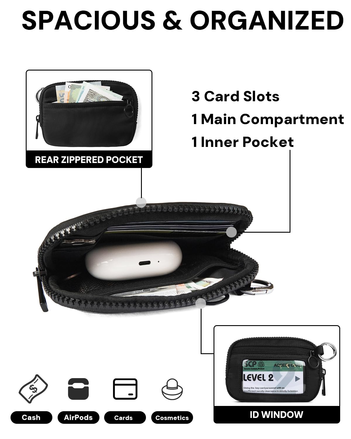 YDF The Iris Wallet for Women Mini Zip Card Case with Clear ID Window Zipper Coin Purse Lightweight Portable Keychain Wallet
