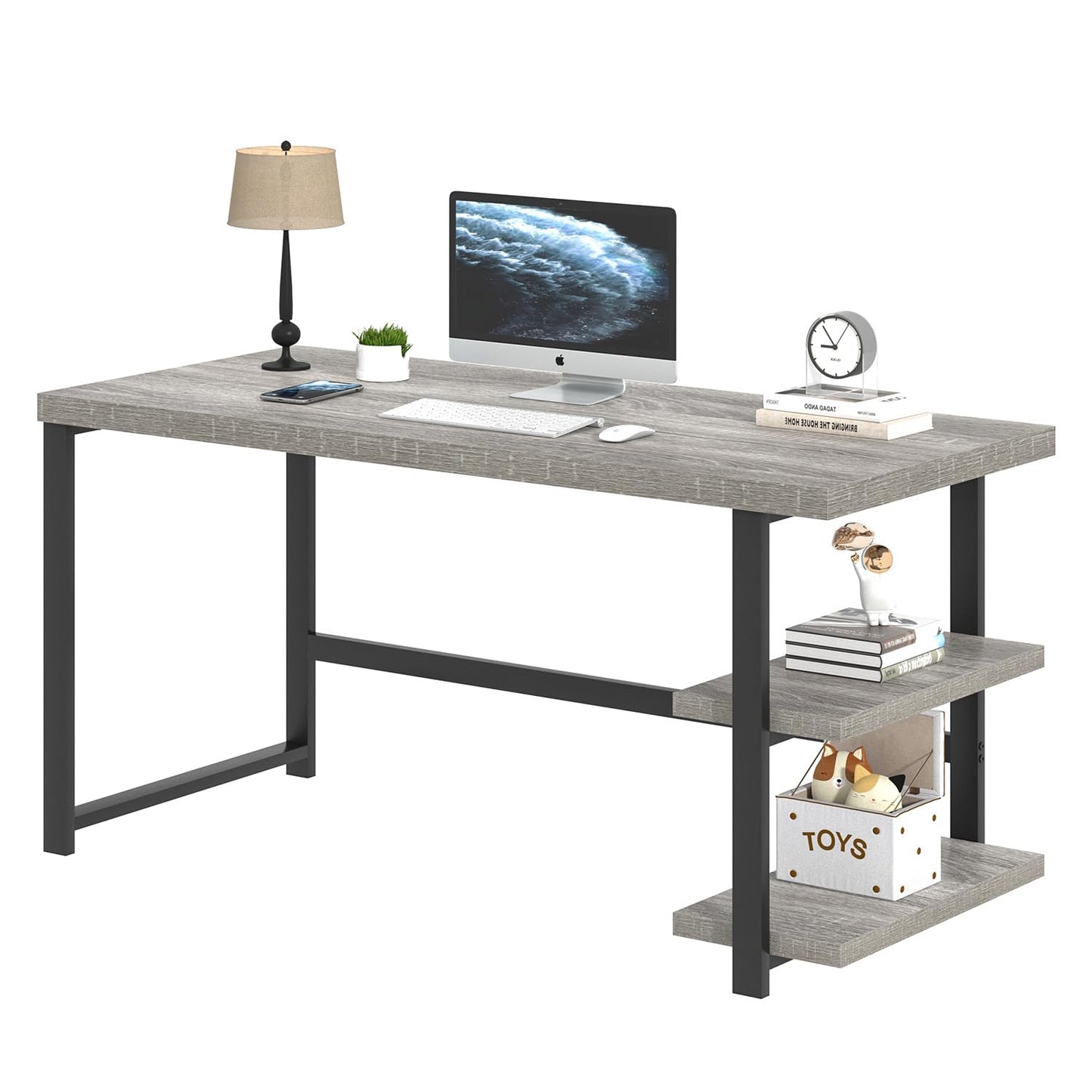 FOLUBAN 47 Inch Home Office Desk, Modern Computer Desk with Storage Shelves, Small Study Writing Gaming Table Workstation for Living Room Bedroom, Industrial Light Grey