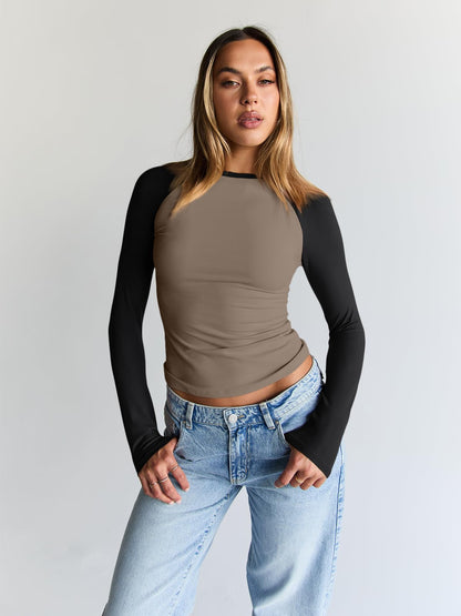 Trendy Queen Womens Long Sleeve Shirts 2025 Fall Fashion Outfits Clothes Slim Fitted Basic Tee Going Out Crop Tops Cute Y2k Teen Girl Color Block T Tshirts Clothing