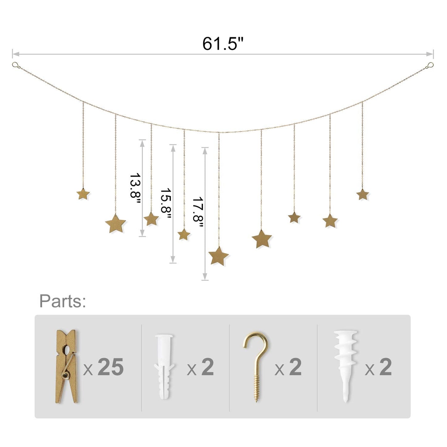 Mkono Hanging Photo Display Boho Decor Wooden Stars Garland with Metal Chains, Pictures Cards Holder with 25 Wood Clips, Wall Art for Christmas Living Room Bedroom Dorm Decor, Teen Girls Gift, Gold