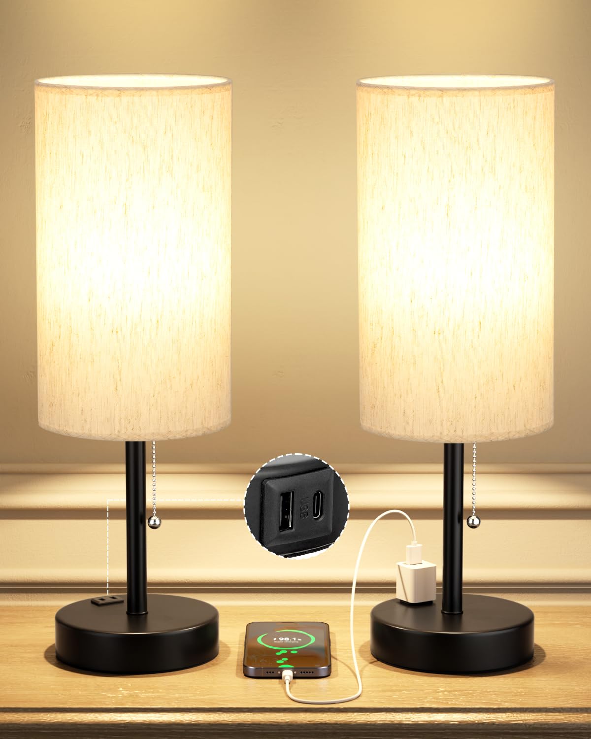 17.4" Large Bedside Table Lamps Set of 2 - 3 Color Temperatures Pull Chain Lamp with AC Outlet Charging Port, Round Night Stand Lamps for Bedroom Guest Room Office, Bed Side Light with E26 LED Bulbs