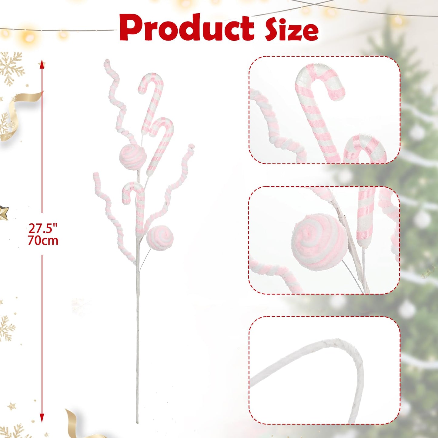 Briful 3PCS Christmas Striped Candy Cane Picks Spray, 27.5in Pink & White Candy Cane Christmas Tree Ornaments for Xmas Wreaths Holiday Vase Arrangements