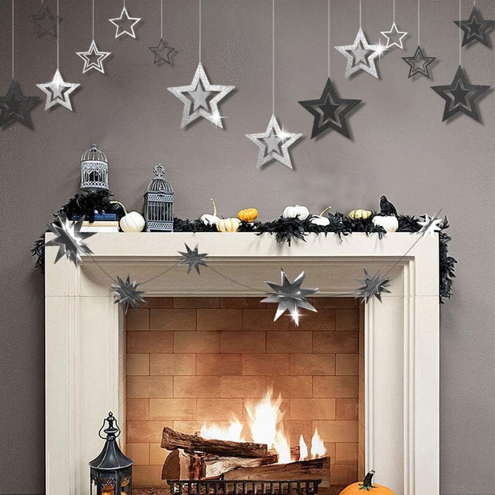 Cheerland Glitter Black Silver Party Decorations Star Garlands Starry Night Streamers Hanging Stars Birthday Twinkle Little Star Moon Decorations Graduation Halloween Wedding Bridal Ramadan NYE