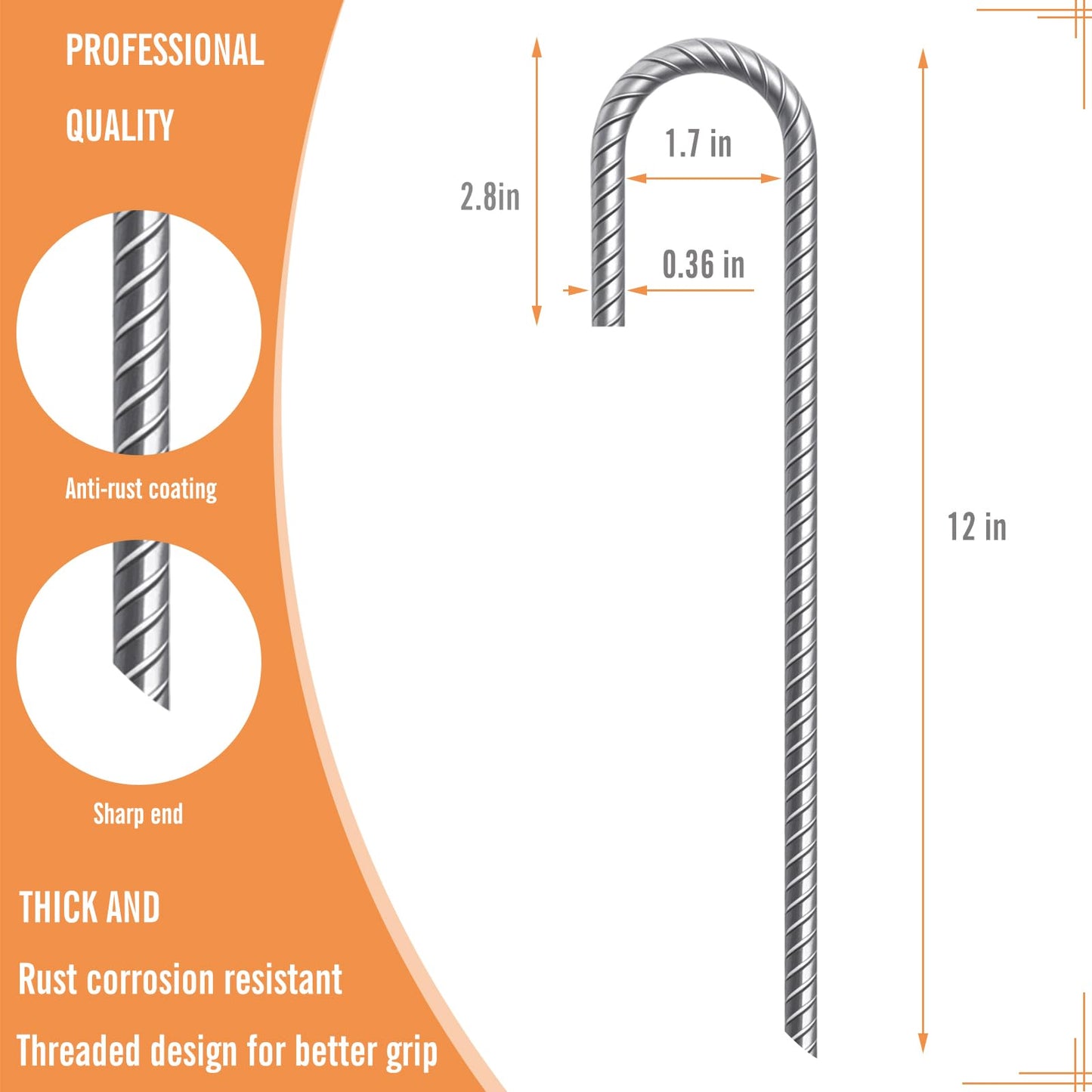 12 Inch J Hook Ground Stakes, J Hook Rebar Stakes (8Pack)- for Christmas Decorations, Tents, Chain Link Fences, Sports nets, Camping, Trampolines, Irrigation Pipes and Gardens