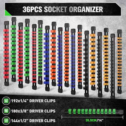 SWANLAKE 36-Piece Socket Organizer, 1/4-Inch x 192 Clips, 3/8-Inch x 180 Clips, 1/2-Inch x 144 Clip, Socket Holder Clip Rail, Drive Sockets Trays for Tool Box Drawer
