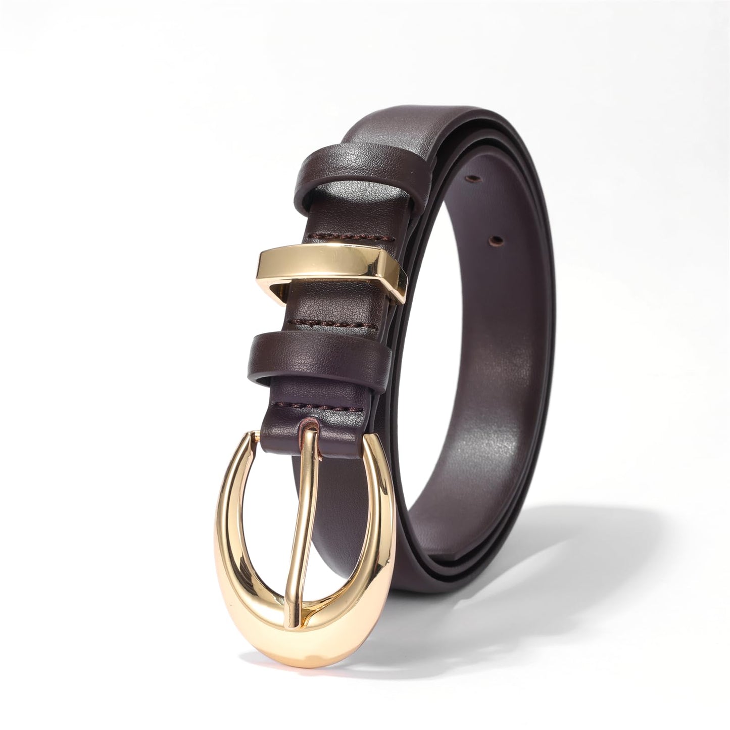 KONQUWA Women's Cow Leather Belt for Jeans Pants Fashion Ladies Skinny Dress Waist belt with Gold Buckle (Coffee/Gold Buckle,27″-33″)
