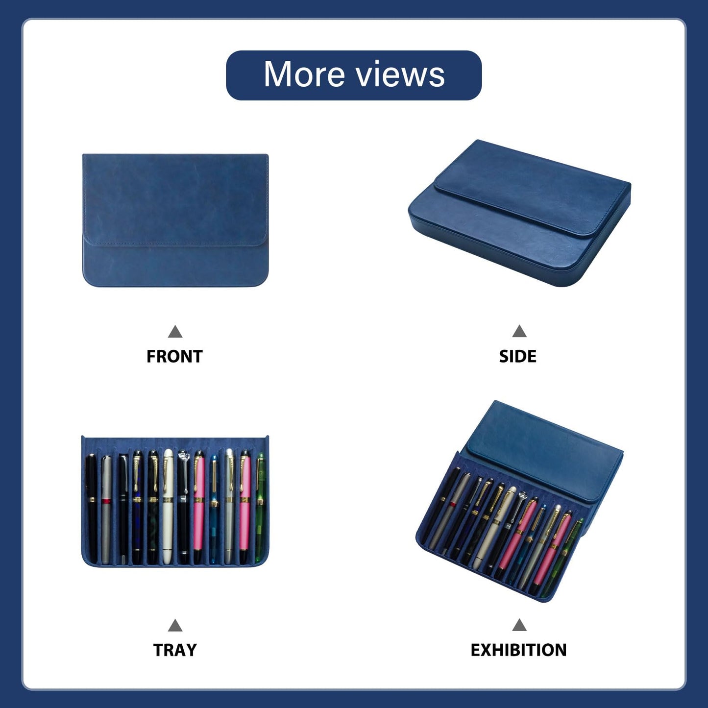 MIVLXLX PU Leather 12 Fountain Pen/Pencil Tray Case Organizer, Fashion Design, Handmade, Magnetic Closure with Drawer, Christmas Gift for Man/Woman/Office, 12 Slots(blue)